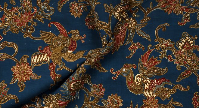 Intricate batik fabric featuring stylized birds and floral motifs on a folded blue background