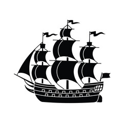 Silhouette of a Three Masted Sailing Ship on a White Background