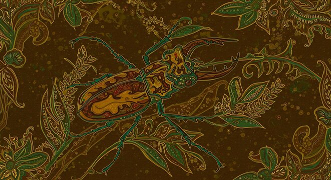 Intricate Beetle Illustration with Detailed Floral Elements on Brown Background
