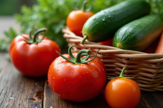 Fresh vegetables in a basket on a wooden surface in a close up view