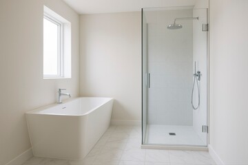 Bright bathroom featuring a bathtub and a glass enclosed shower stall