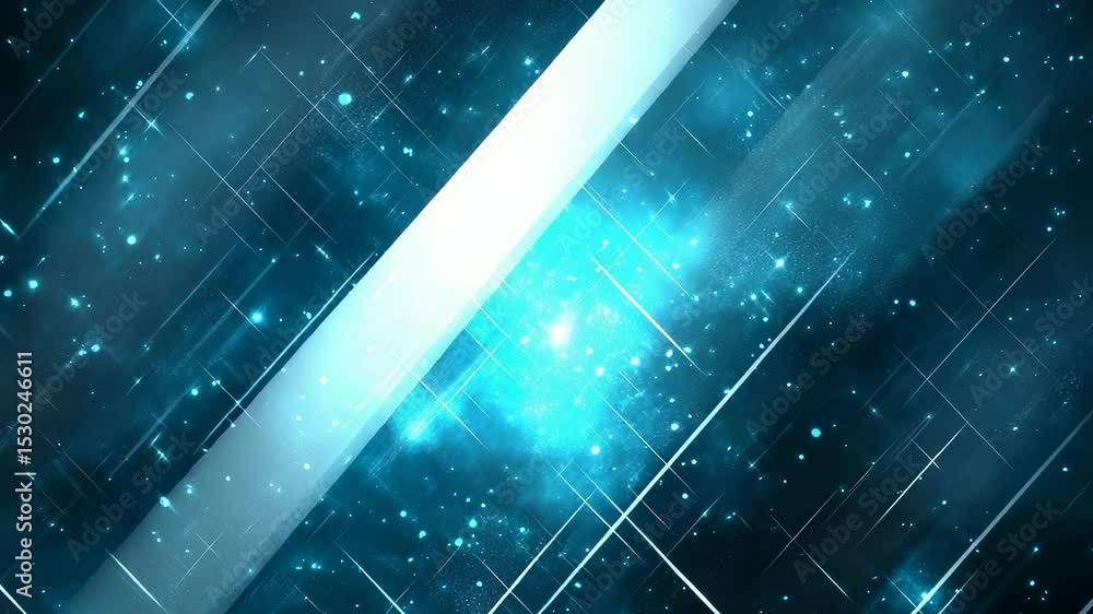 Poster abstract blue background with geometric shapes and glowing particles moving dynamically