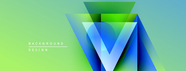 Abstract geometric design. Vibrant gradients create layered triangular shapes. Green, blue hues dominate composition. Modern aesthetic.