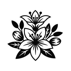 Elegant Black and White Floral Design with Blossoms and Leaves