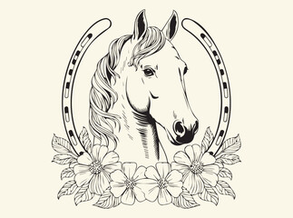 Horse with Horseshoe and Flowers Art Print for Equestrian and Rustic Decor