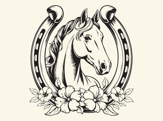 Horse with Horseshoe and Flowers Art Print for Equestrian and Rustic Decor