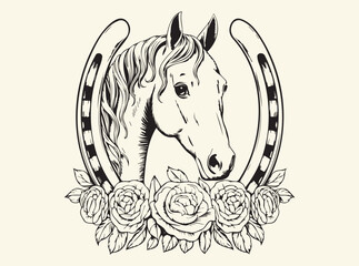 Horse with Horseshoe and Flowers Art Print for Equestrian and Rustic Decor