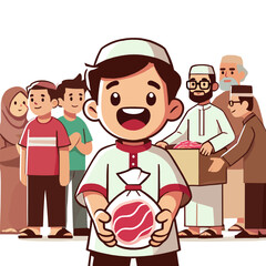 Young Boy Giving Meat Sack Illustration with Happy People Background