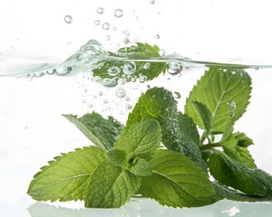 mint  leaves Mint Leaves Submerged in Water on White Background"