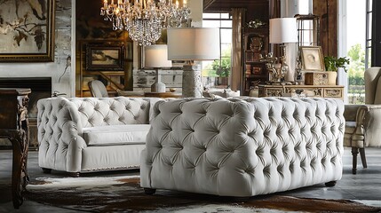 Living room with a white couch and a white chair