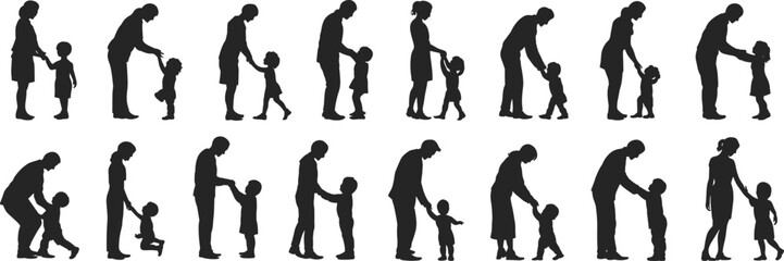 Parent and child silhouette collection, family interaction vector set, holding hands pose, walking and playing illustrations, black family bond graphic

 flat vector illustration