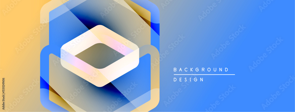 Poster Abstract geometric design. Layers create illusion of depth, using blue, gold hues. Modern background element for projects.