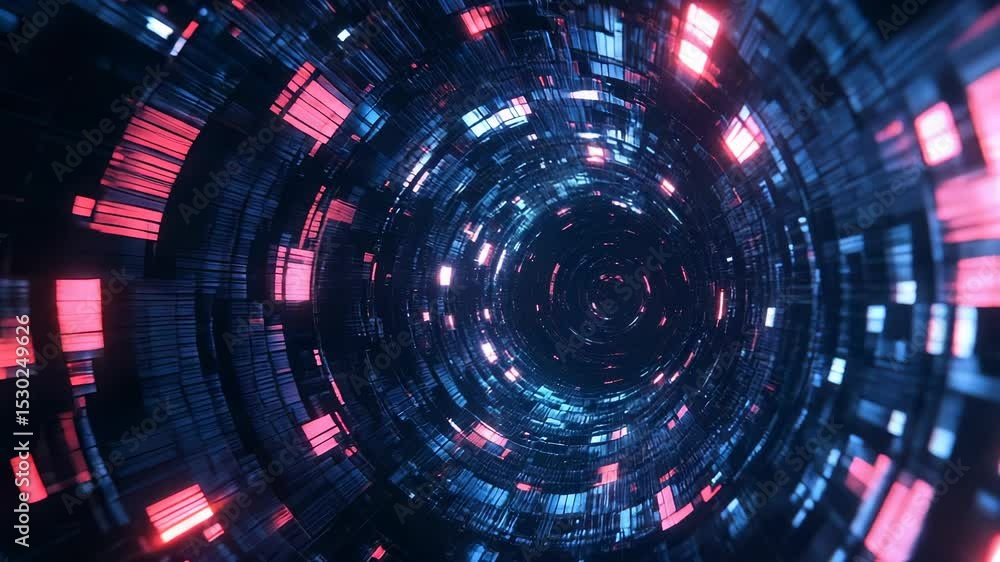 Poster digital tunnel of glowing light forms, abstract technology background with flowing data