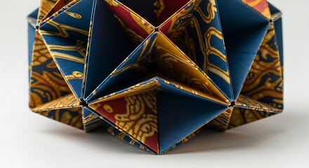 Intricate origami sculpture with blue, gold, and red patterned paper on white surface
