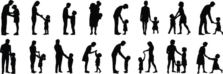 Silhouette set of parents and children, family interaction vector, holding hands, walking, hugging, caring moments, emotional family bond design

 flat vector illustration