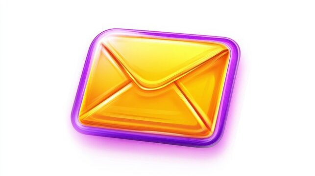 Glossy yellow email icon with purple border, isolated on white background.