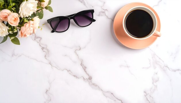 Flat lay of marble desk with sunglasses and coffee, soft peach tones.