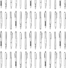 Line Art Writing Pens Seamless Pattern. Minimal Line Icons of Writing Pens. Outline Drawing of Ink and Ballpoint Pens. Vector Illustrations