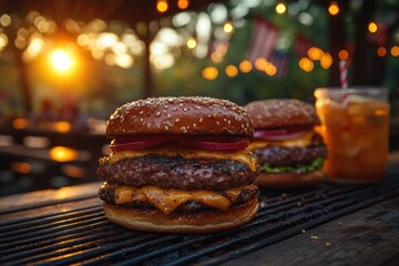 Sunset barbecue bash with friends and family enjoying grilled delights and summer vibes under American flag decor