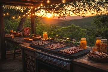 Delightful barbecue gathering with family and friends under a warm summer sunset glow