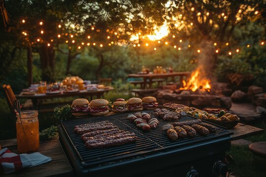 Backyard barbecue celebration filled with family, friends, and delicious grilled meals under a warm sunset glow