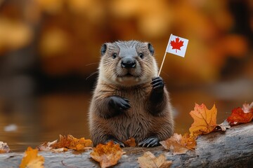 Charming beaver proudly waves a Canadian flag while perched on a log amidst colorful autumn leaves