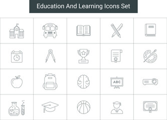 Education Icons. Line Icons Representing Education and School. line icons related to education
and school. Include school building, bus, books, pencils, awards, apple, backpack, brain, graduation cap