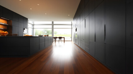 Modern kitchen with black cabinets and wooden floor, minimalist elegance in natural light