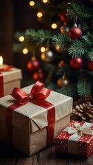 Cozy Christmas scene with beautifully wrapped gifts under a decorated tree. Warm lights, red ornaments, and festive ribbons create a magical holiday atmosphere.
