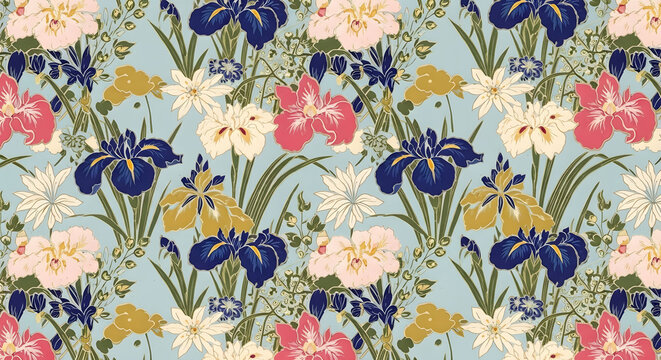 iris flowers pattern background in Japanese art style. Floral background.