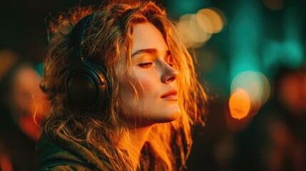 young woman with over-ear headphones