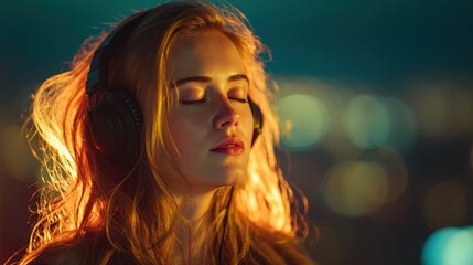 young woman with over-ear headphones