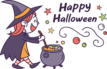 Cute Cartoon Witch Brewing Potion for Happy Halloween Celebration Illustration