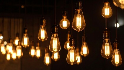 Hanging Edison bulbs with warm vintage lighting.