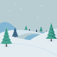 Minimalist winter landscape illustration with snow-covered hills and scattered pine trees