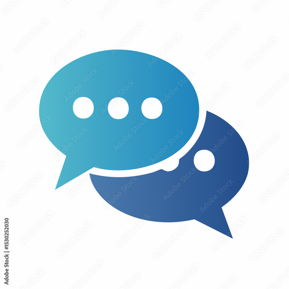 Poster two stylized speech bubbles overlapping, representing conversation and communication.