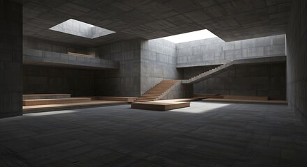 Abstract concrete and wood interior multilevel public space with window