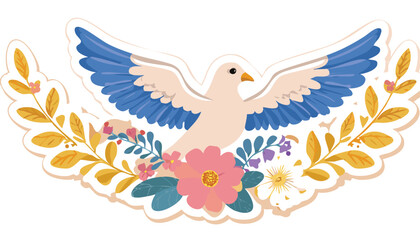Fototapeta premium Retro sticker with dove and flowers. Vintage groovy print with flying bird, floral pattern. Symbol of peace and hope in hippie 70s style,60s, 70s, doodle, flying, funky, graphic, peace, print, sticker