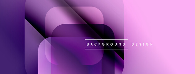 Abstract geometric shapes overlap, creating vibrant purple, pink gradients. Modern design elements suggest digital art, smooth transitions.
