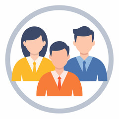 A flat vector illustration showing three people in business attire, within a circular frame.
