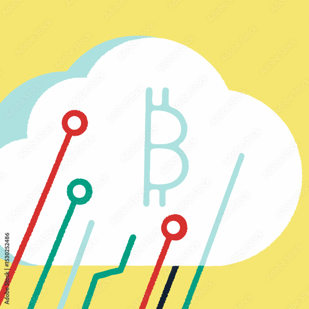 Poster bitcoin symbol in cloud with circuit lines on yellow background