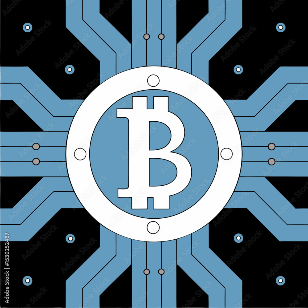 Aufkleber bitcoin symbol with circuit board design on black background