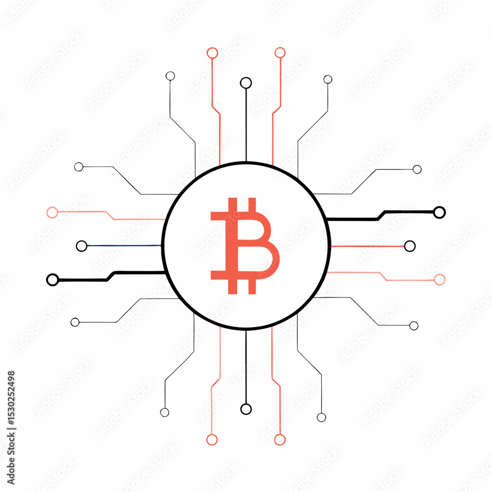 Poster bitcoin symbol inside circle with circuit board design