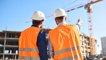Two construction workers in safety gear observe the site, pointing towards a crane on a clear day