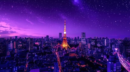 Obraz premium Night cityscape with a prominent tower under a vibrant purple starry sky
