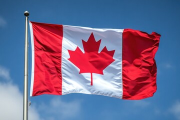 Waving Canadian flag against a bright blue sky, symbolizing national pride and unity in a peaceful nature setting