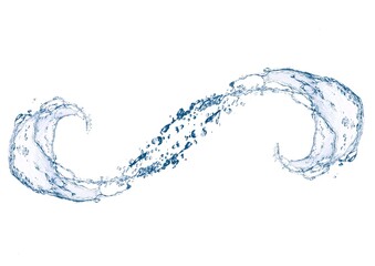 カーブした抽象的な青い波と水しぶきの3dイラスト