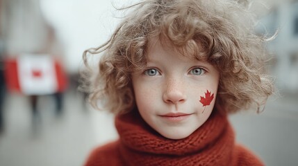 Fototapeta premium Joyful child celebrating with a painted maple leaf on cheek in the warm sunlight during a festive gathering