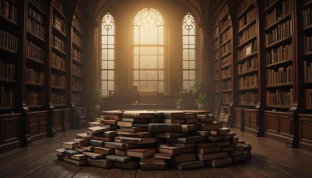 Book stack podium in antique library with warm light for education or literary product themes