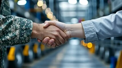 Two people shake hands in a professional setting to signify collaboration and agreement during a meeting in a modern facility